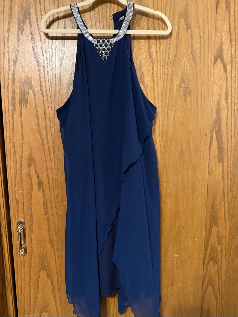 Embellished Halter Navy Blue Evening Dress